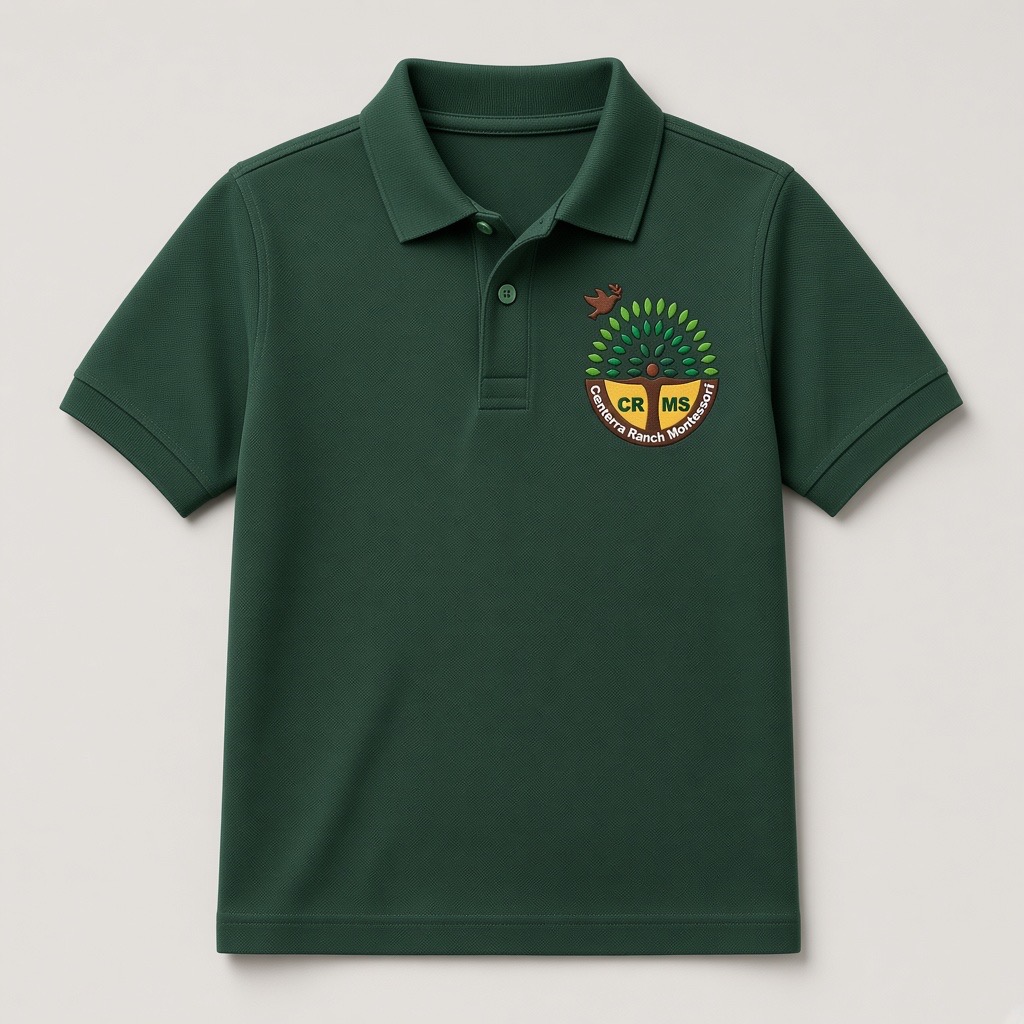 Green polo with embroidered Centerra Ranch Montessori school logo
